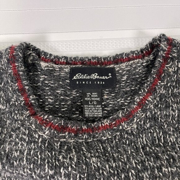 Eddie Bauer Large Wool Blend Marled Crewneck Knit Sweater Red Trim Grandpa Cabin - Picture 5 of 8